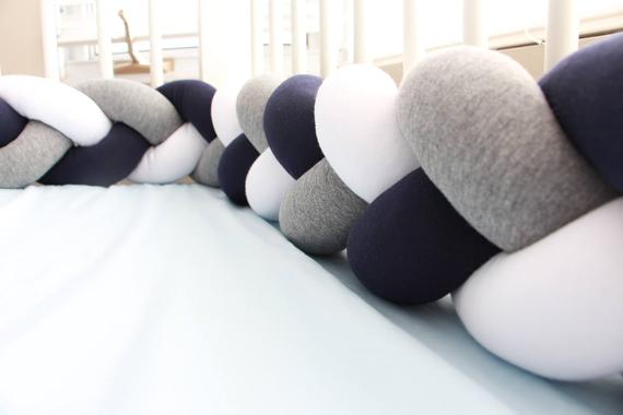 White, Light Grey, Navy | Braided Crib Bumper / Bed Bolster - See more Braided Crib Bumpers & Cushions at JujuAndJake.com