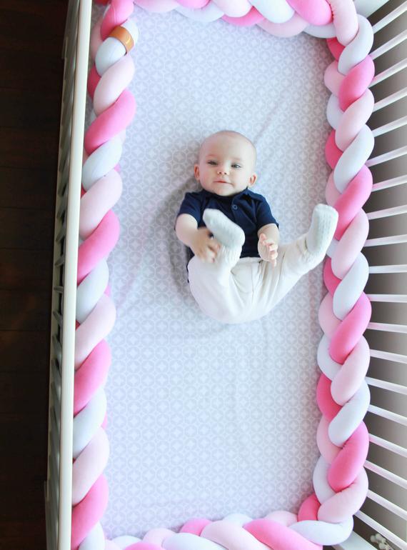 White, Baby Pink, Hibiscus | Braided Crib Bumper / Bed Bolster - See more Braided Crib Bumpers & Cushions at JujuAndJake.com