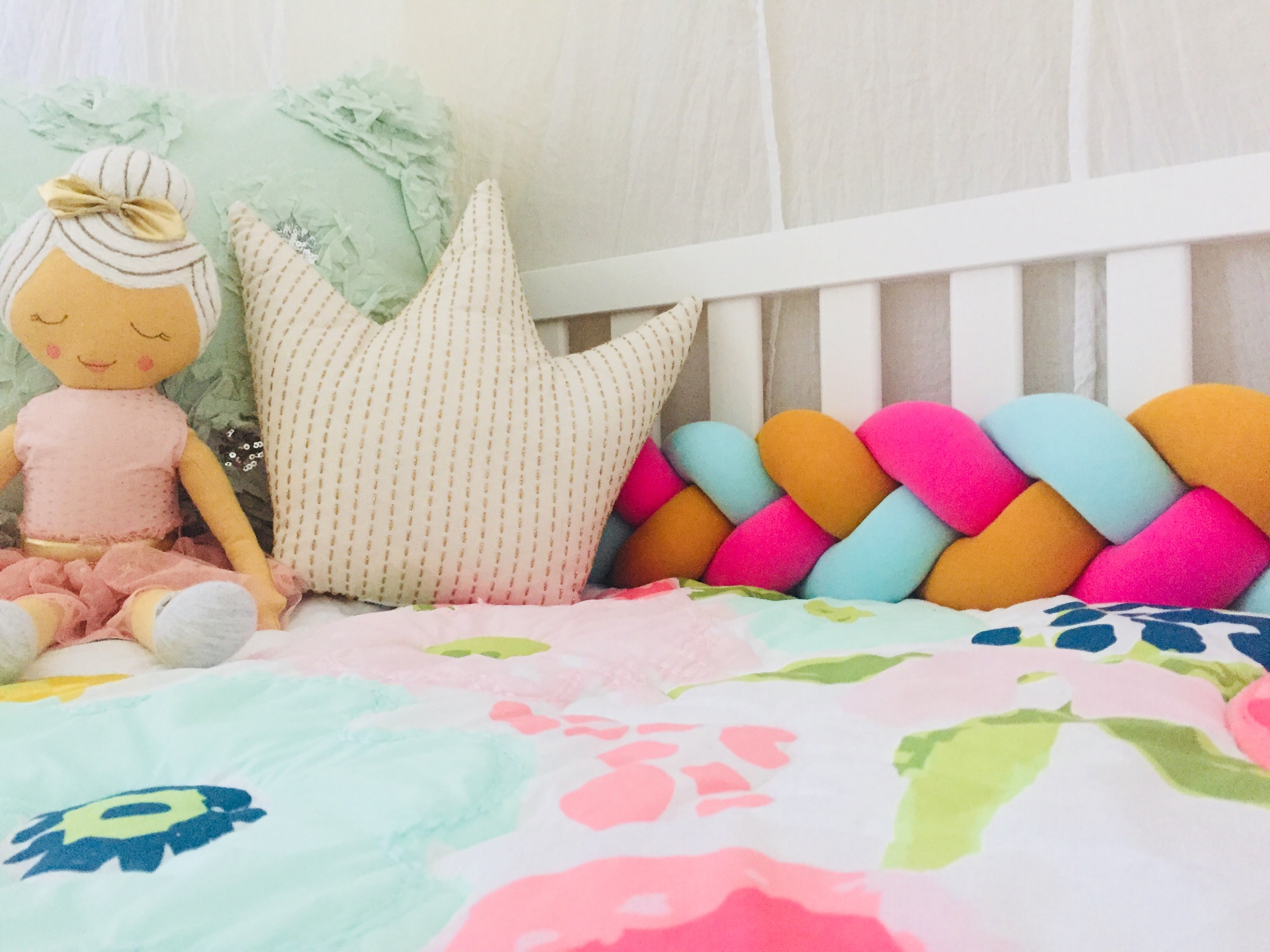 Mint, Mustard Yellow, Hibiscus | Braided Crib Bumper / Bed Bolster - See more Braided Crib Bumpers & Cushions at JujuAndJake.com