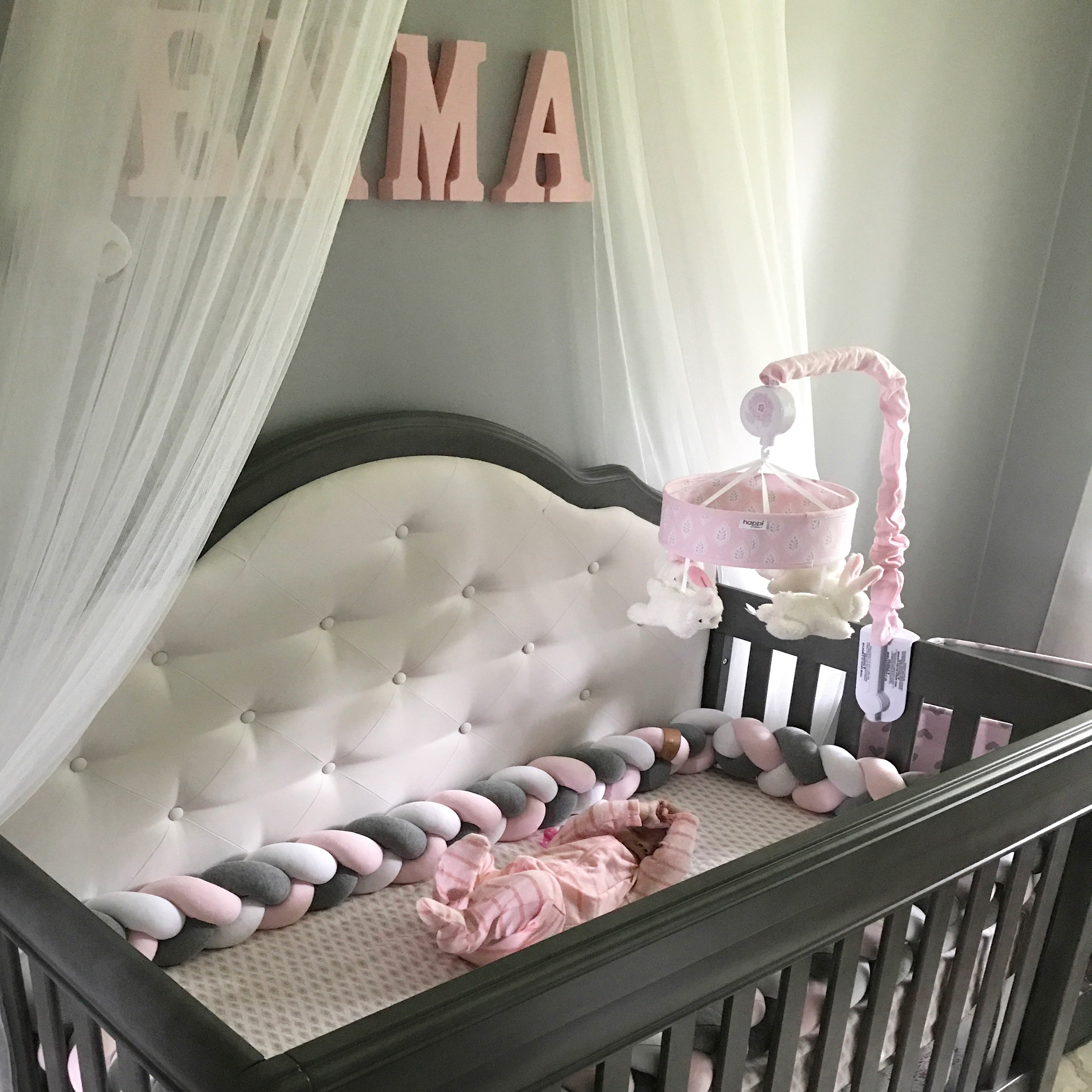White, Baby Pink, Dark Grey | Braided Crib Bumper / Bed Bolster - See more Braided Crib Bumpers & Cushions at JujuAndJake.com