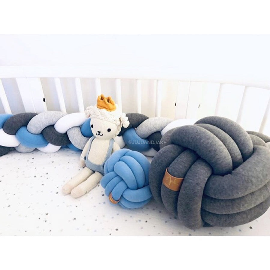 Denim, White, Light Grey, Dark Grey | Double Braided Crib Bumper / Bed Bolster - See more Knot Pillows & Cushions at JujuAndJake.com