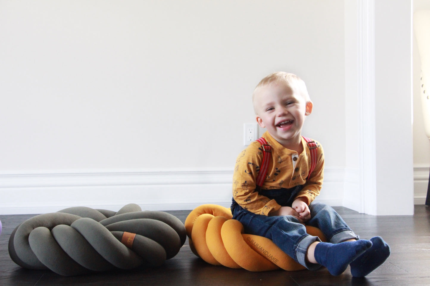 Dark Olive, Mustard Yellow | Kids Floor Knot Cushion / Floor Pillow - See more Kids Knot Pillows & Cushions at JujuAndJake.com