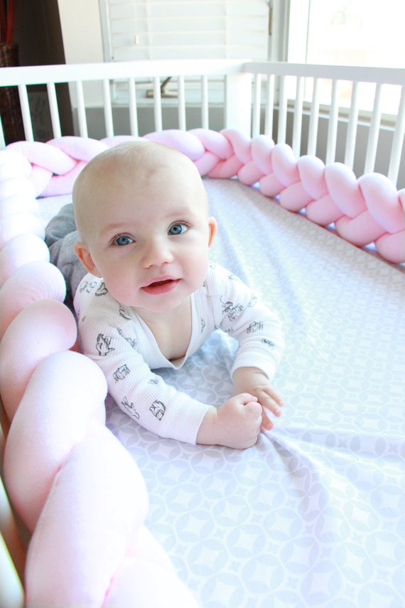 Baby Pink | Braided Crib Bumper / Bed Bolster - See more Braided Crib Bumpers & Cushions at JujuAndJake.com