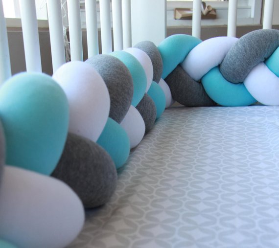 Aqua, Dark Grey, White | Braided Crib Bumper / Bed Bolster - See more Braided Crib Bumpers & Cushions at JujuAndJake.com