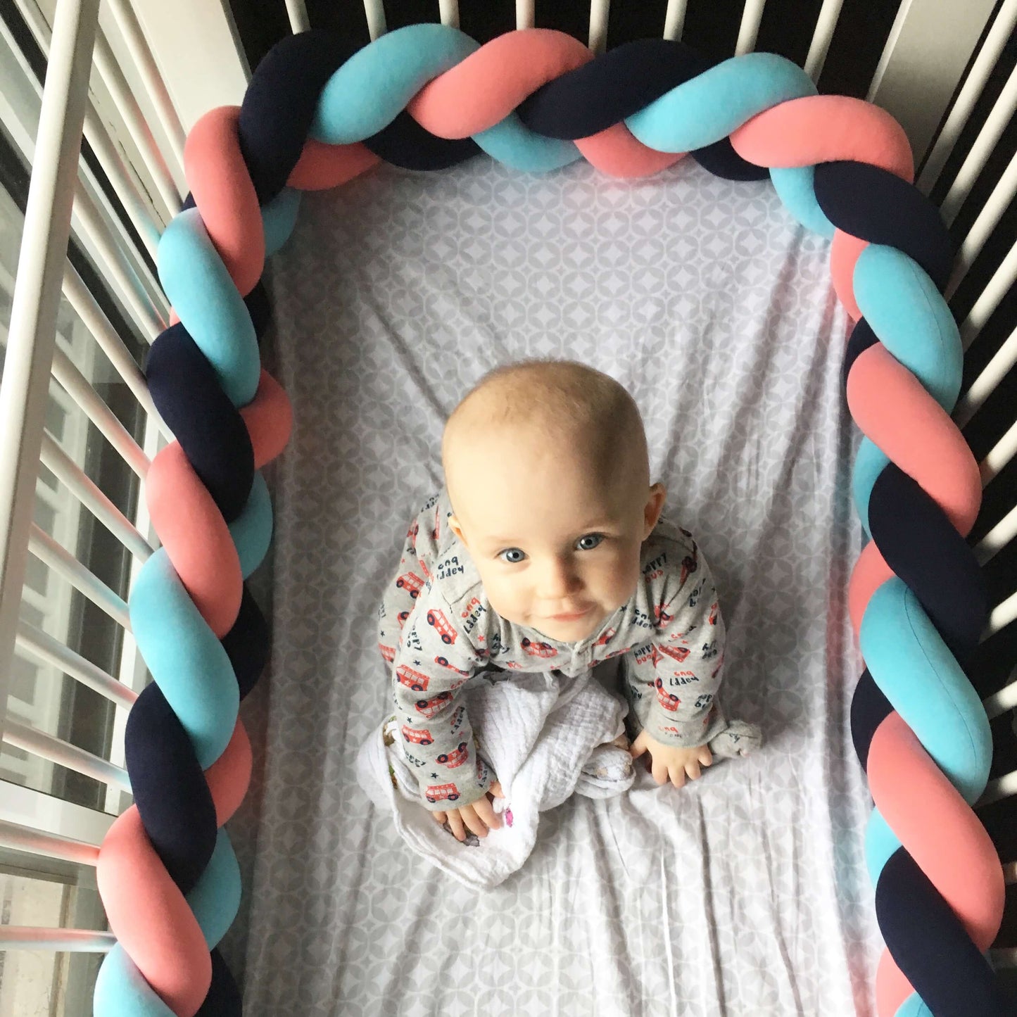 Aqua, Navy, Coral | Braided Crib Bumper / Bed Bolster - See more Braided Crib Bumpers & Cushions at JujuAndJake.com