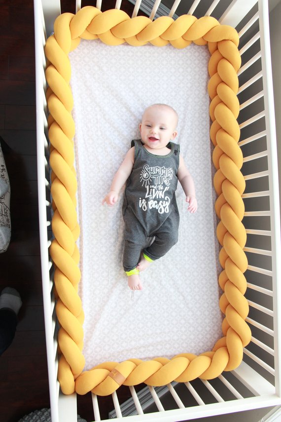 Mustard Yellow | Braided Crib Bumper / Bed Bolster - See more Braided Crib Bumpers & Cushions at JujuAndJake.com